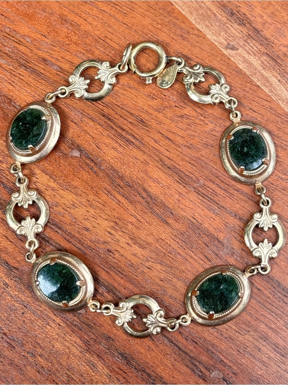 Vintage 14K Gold Filled Green Jade Link Bracelet 7.75” Gift for Her